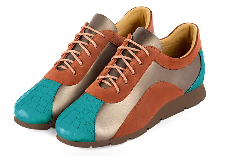 Turquoise blue, tan beige and terracotta orange women's three-tone elegant sneakers. Round toe. Flat rubber soles. Front view - Florence KOOIJMAN